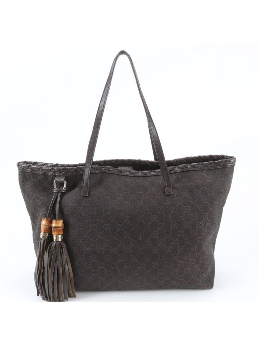Gucci GG Canvas Bamboo Tassel Leather Tote Bag